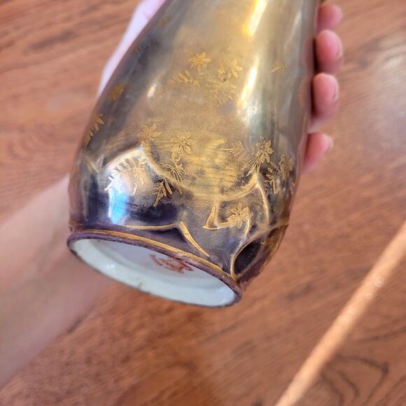 Antique Royal Vienna Glass Vase Golden Burgundy Red with Floral Details - Picture 9 of 9